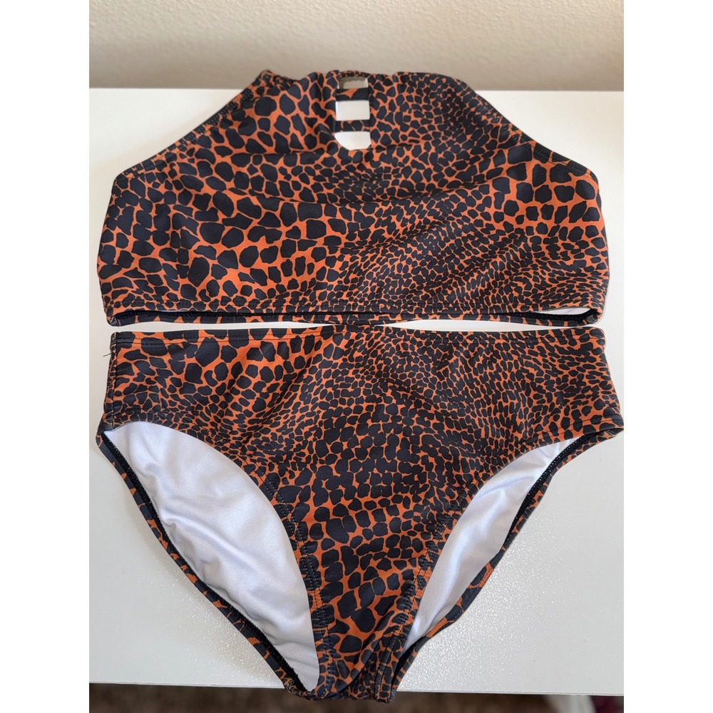 Volcom Girls Animal Print Bikini Set Orange Black High Neck XL 14/16